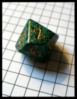 Dice : Dice - 10D - Rounded Solid Green With Blue Grey and Black Speckles With Gold Numerals